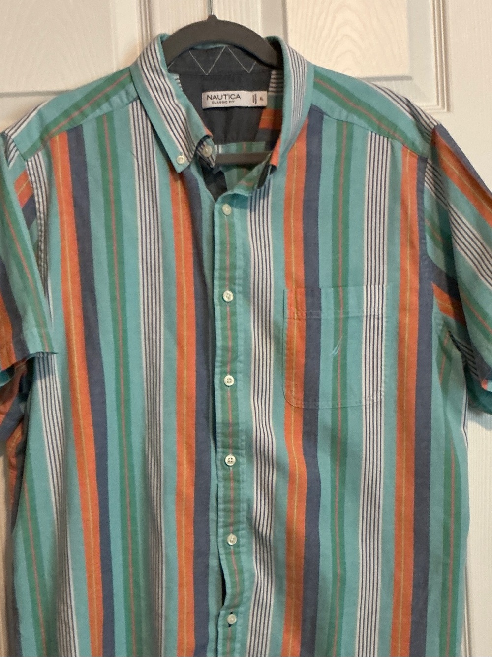 Nautica Men's Teal, Orange & Navy Vertical Stripe Button-Down Shirt